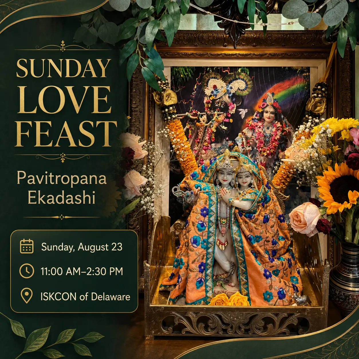 Flower-decorated altar at ISKCON of Delaware promoting the Sunday Love Feast and Pavitropana Ekadashi on August 23, 11:00 AM–2:30 PM.